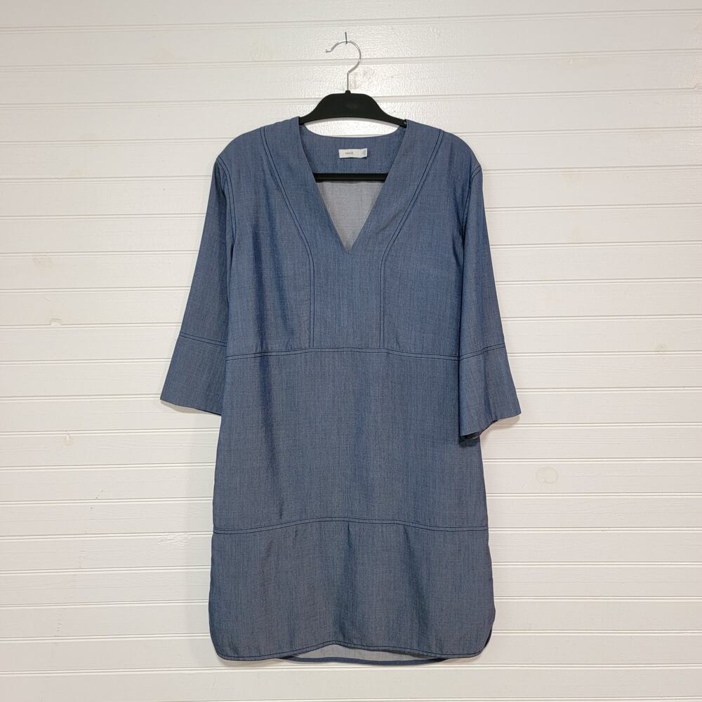 Vince Size Small Lyocell Tunic Mini Dress Denim Chambray V Neck Pockets Designer